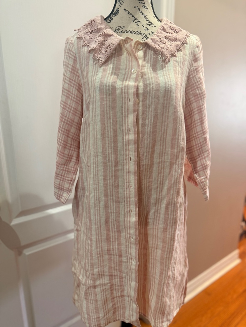 April Cornell Pink and White Striped Dress with Lace Trim